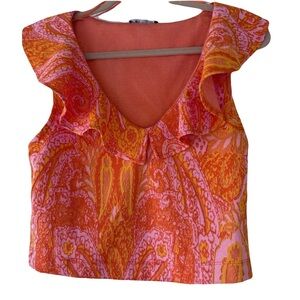 ZARA womens size large knit crop top ruffled boho hippie 70s orange pink paisley